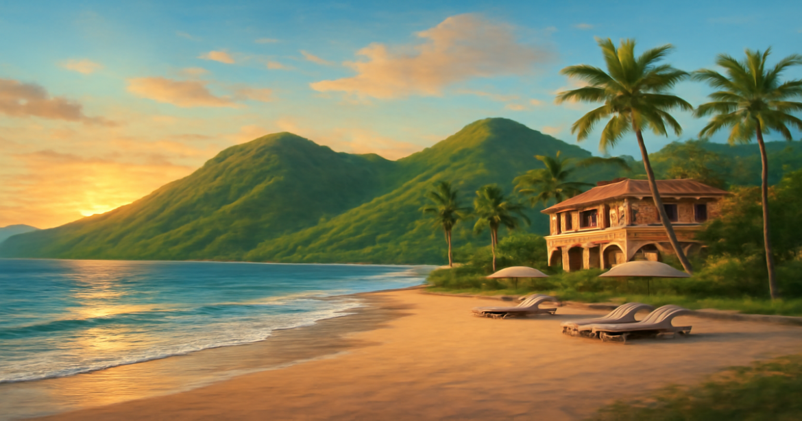 A tranquil beach scene representing управление сбережениями and financial planning for achieving goals.