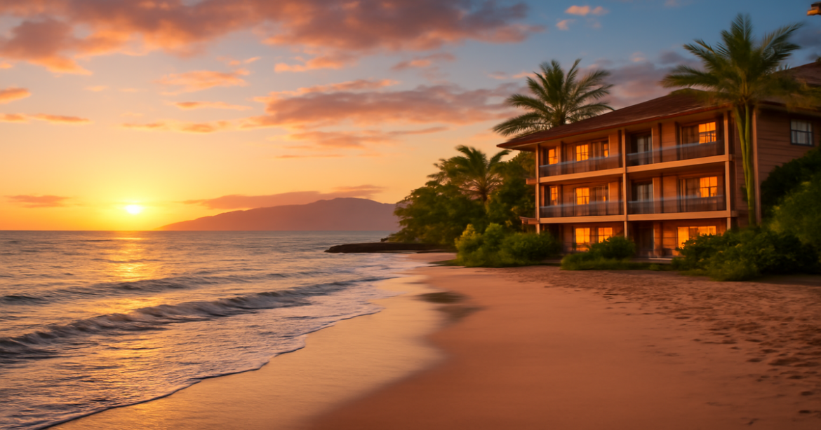 Экономный отпуск: 10 способов сэкономить на путешествии featuring a tranquil beach and inviting hotel.
