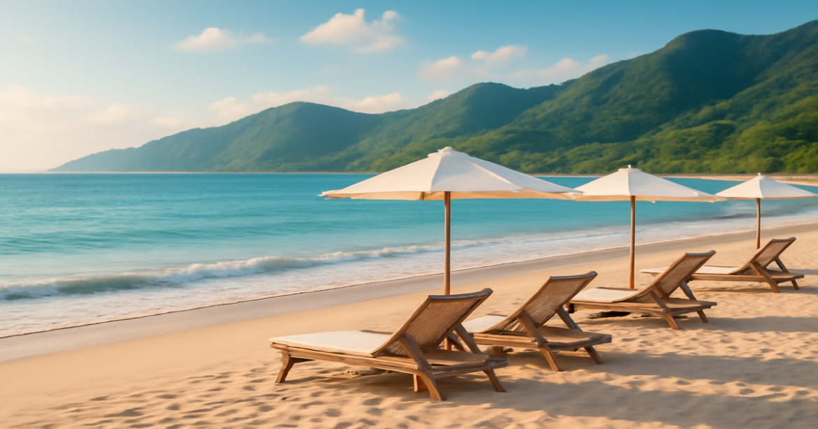 A tranquil beach scene promoting финансовая грамотность and financial well-being in a relaxing atmosphere.