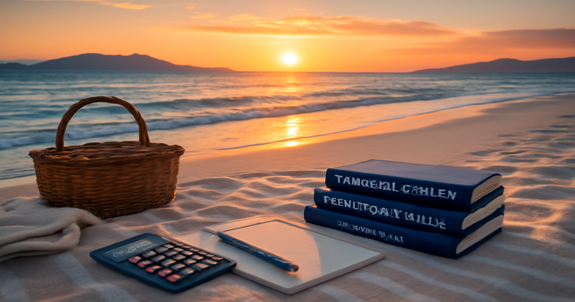 A peaceful beach scene illustrating финансовая грамотность and personal finance management for relaxation and stability.