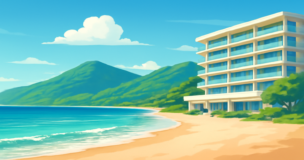 Beautiful beach and mountains scene representing investment products in travel destinations.