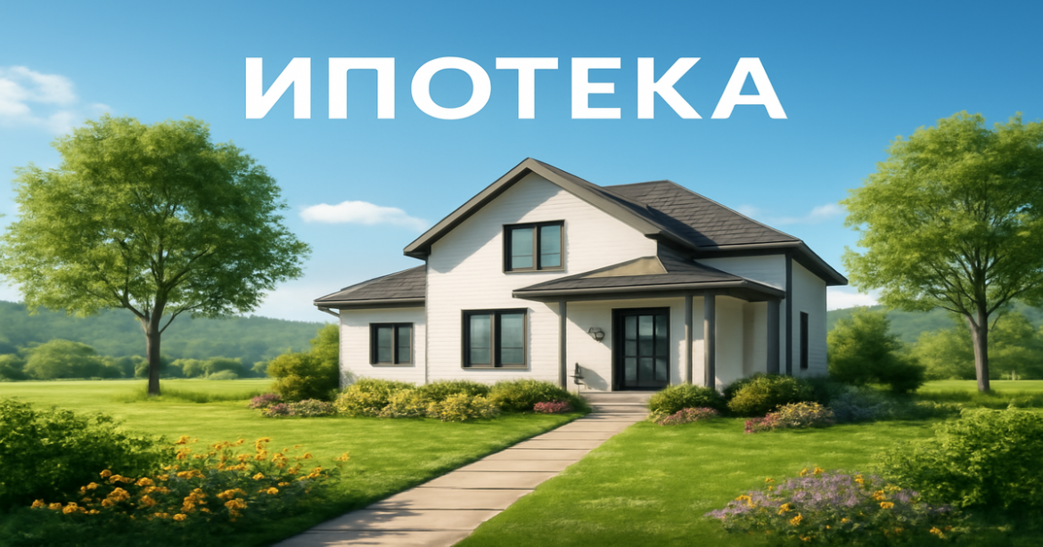 Modern house in a serene landscape representing ипотека and home ownership.
