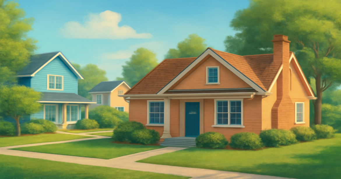 Explore the concept of ипотечные кредиты in a beautiful residential setting, featuring inviting homes and nature.