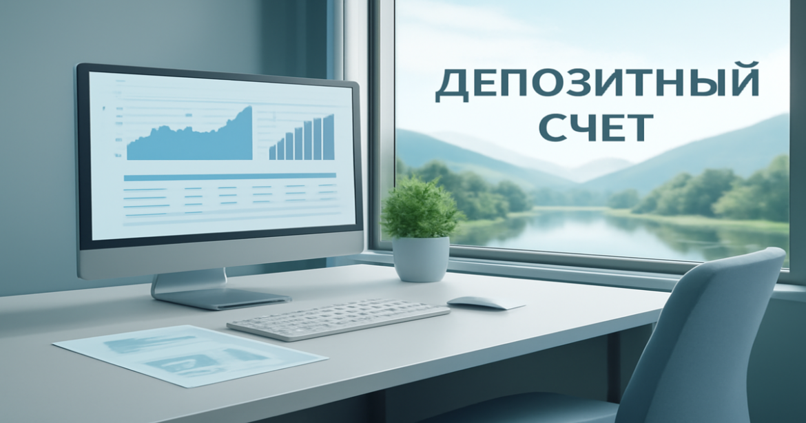 A professional bank office scene illustrating a депозитный счет with a relaxing nature backdrop.