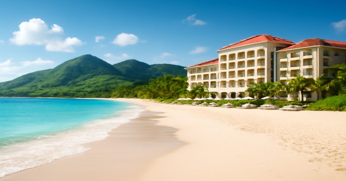 Beautiful beach and mountains illustrating использование кредитных карт for rewarding travel experiences.