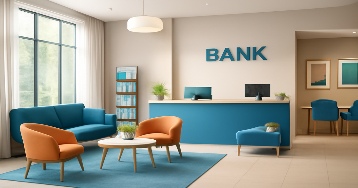 Professional bank office interior for выбор банка для открытия счета, showcasing a calm and inviting atmosphere.