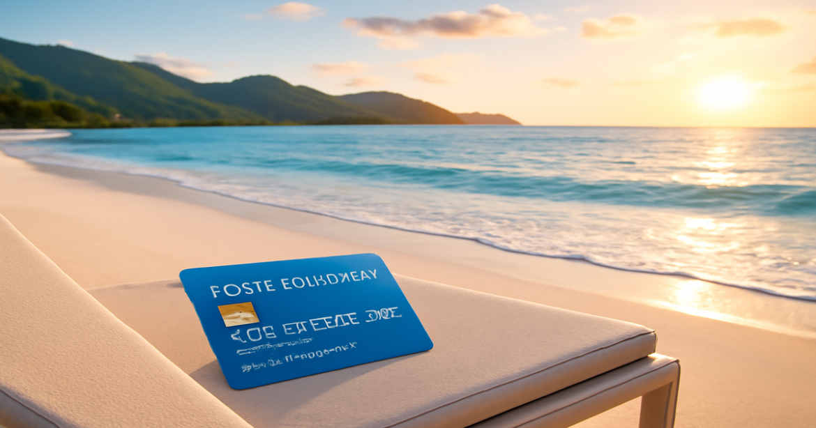 A serene beach scene with a stylish кредитная карта, ideal for financial travel needs.