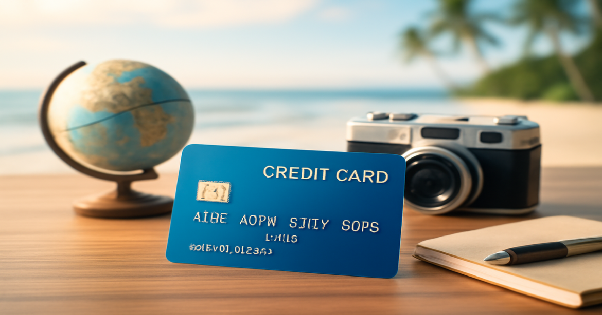 A modern credit card on a table with travel-themed items, symbolizing выбор идеальной кредитной карты.