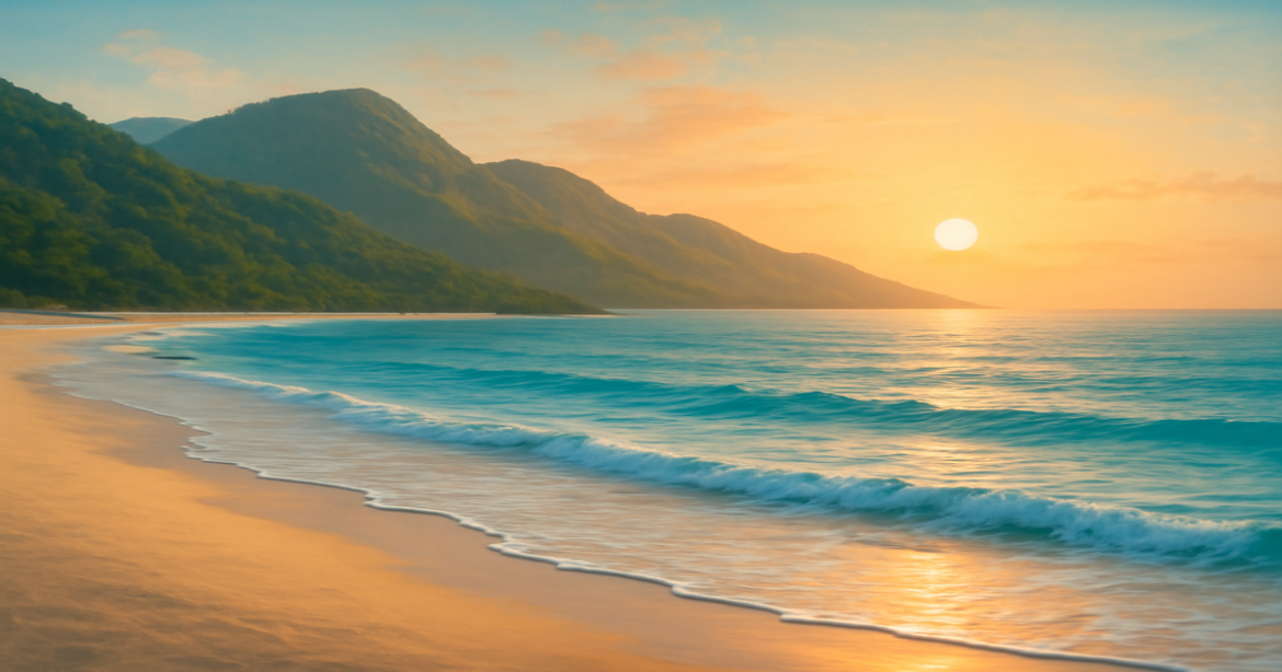Relaxing beach and mountain scenery for article on выбор депозита in 2026.