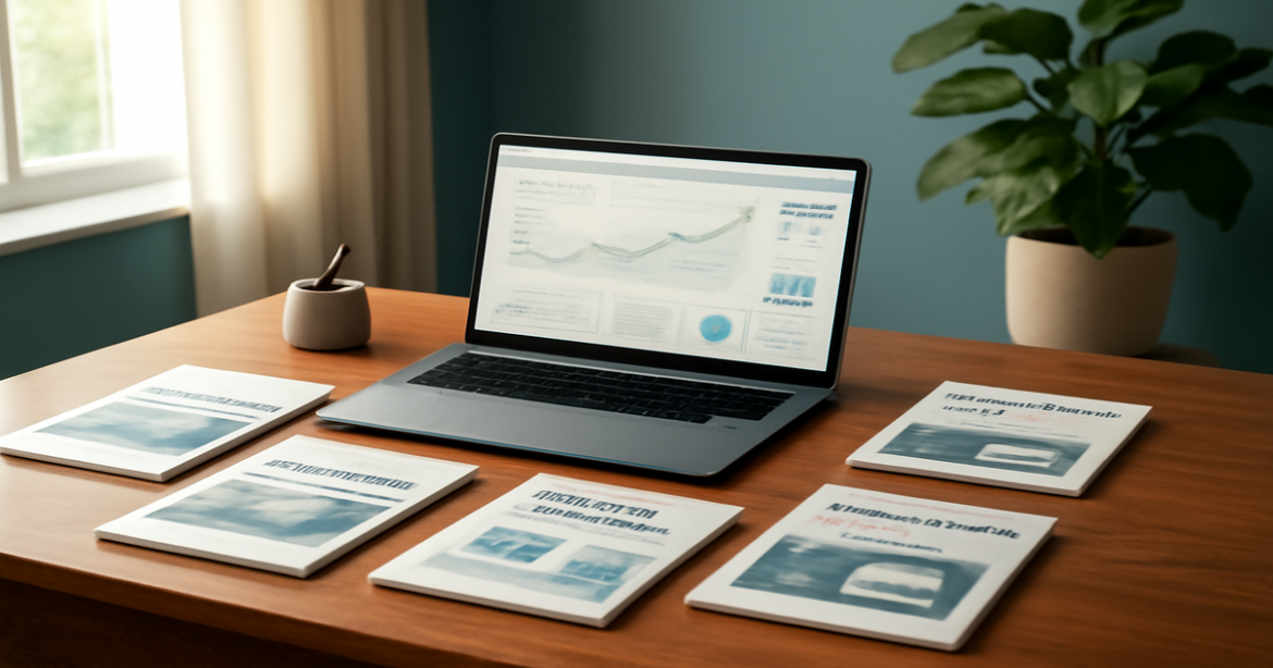 A serene workspace ideal for exploring инвестиционные продукты with financial brochures and a laptop.