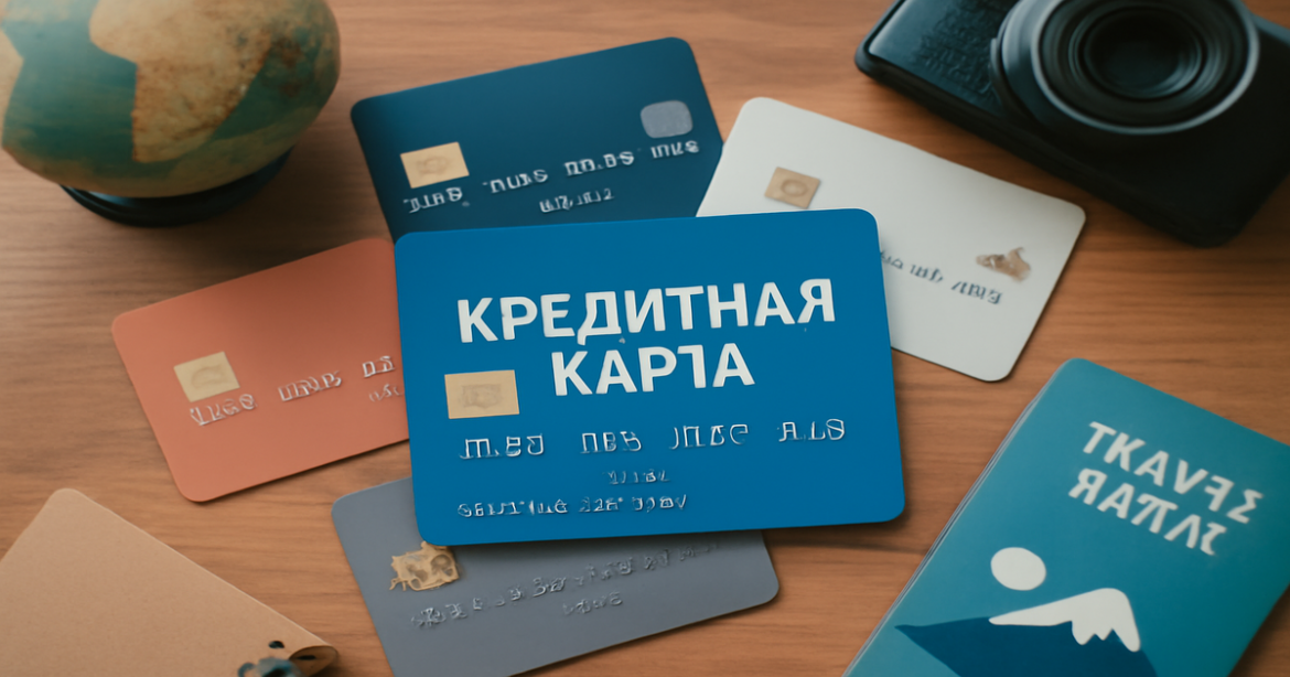 A flat lay of credit cards and travel items, emphasizing the concept of кредитная карта.