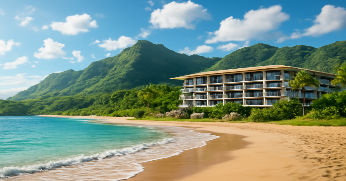 Stunning beach and mountains showcasing the ideal destination for a кредитная карта для путешествий.