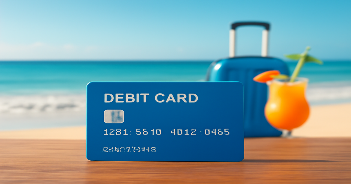 A serene beach scene highlighting a debit card, symbolizing convenience in travel purchases.