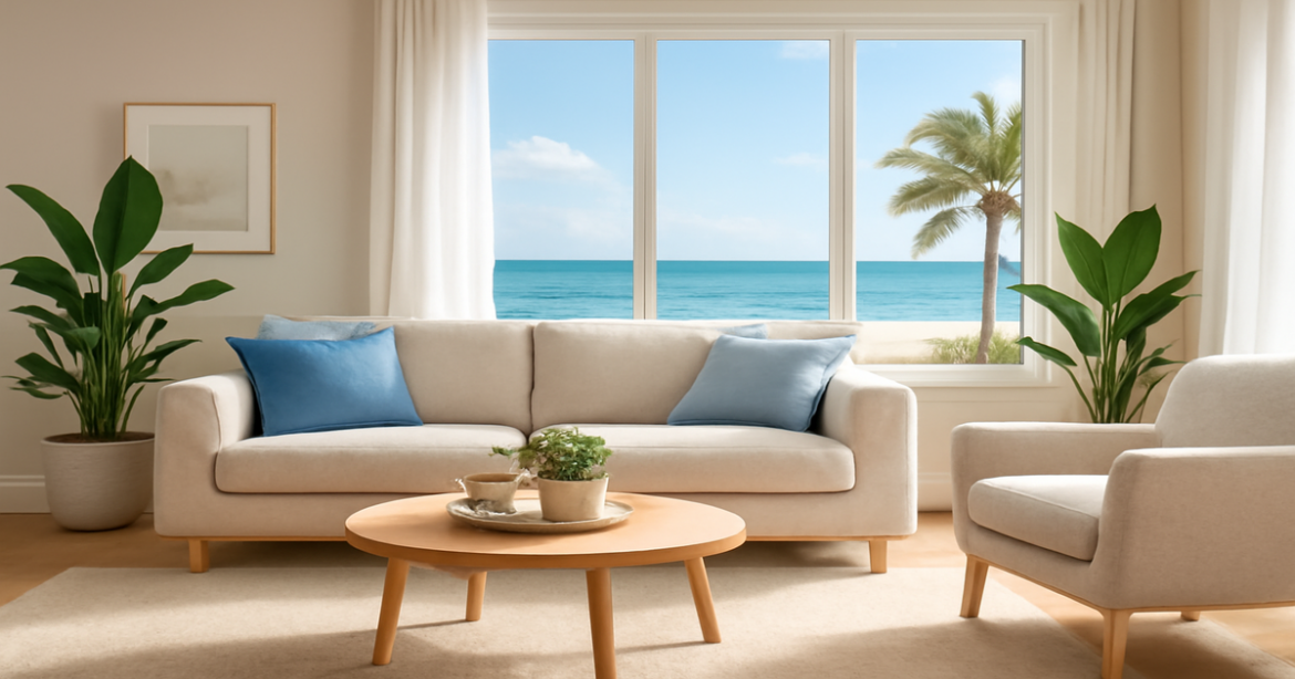 Explore the advantages of ипотечное кредитование for buying homes in 2026 with this calming living room image.