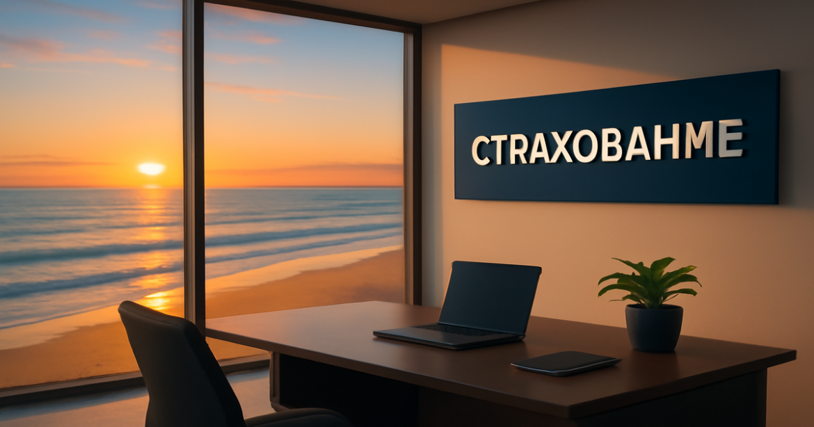 A modern financial office by the beach symbolizing страхование and financial security.