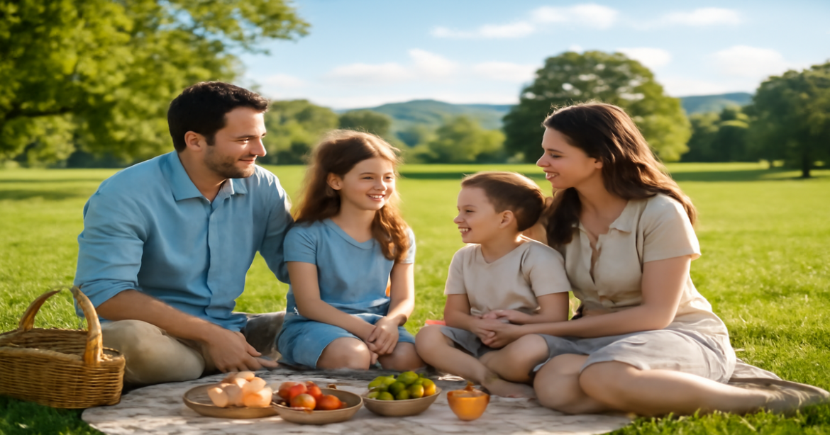 A family enjoying a picnic in nature, symbolizing the importance of страхование жизни for family protection.