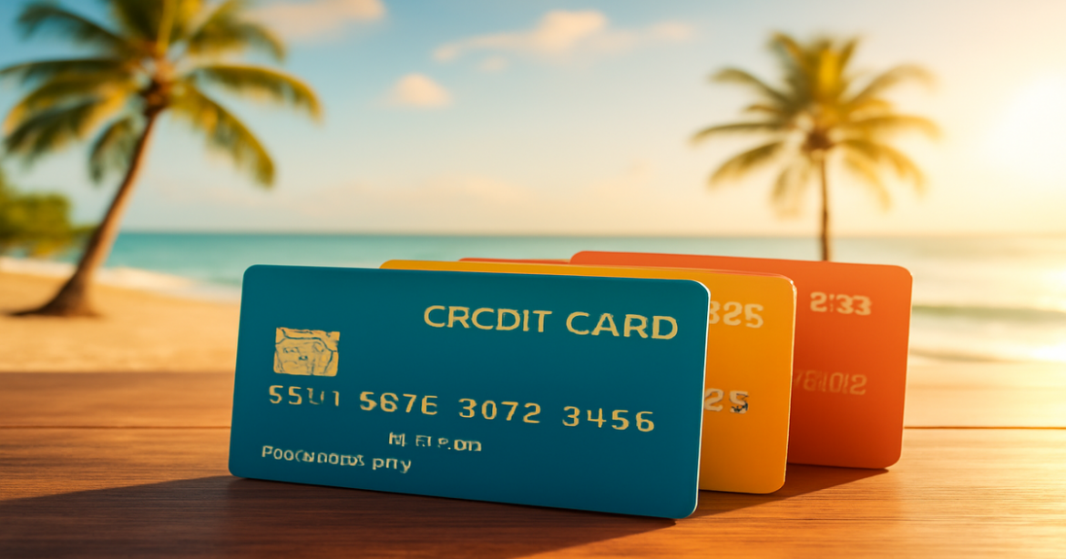 Explore top credit cards for 2023 with this appealing image showcasing sleek designs and a relaxing beach backdrop.