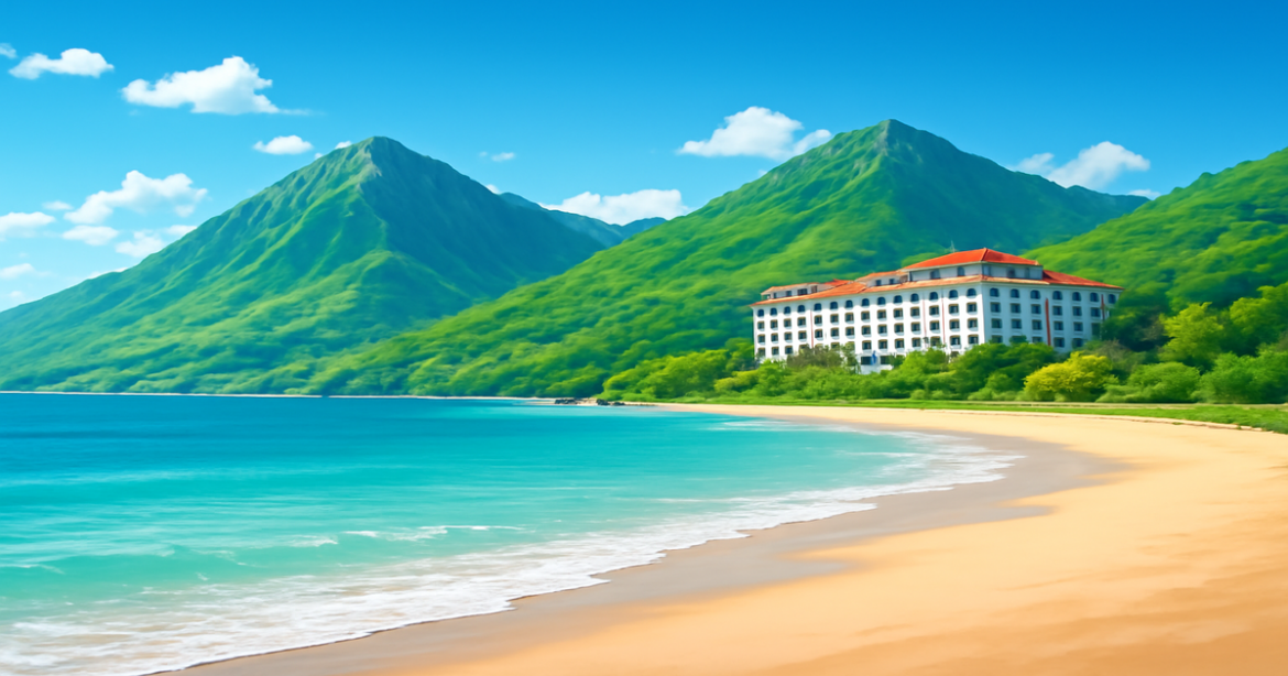 Explore the world of инвестиции through this serene landscape of beaches and mountains.