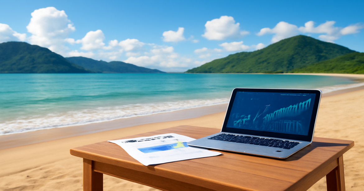 A tranquil beach scene symbolizing investment in инвестиционные продукты, with mountains and a relaxing atmosphere.