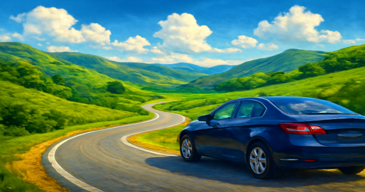 A beautiful landscape with a car, symbolizing автострахование and the journey of car ownership.