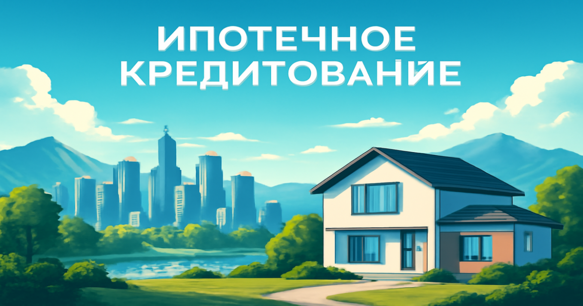 A beautiful landscape representing ипотечное кредитование with a modern home, mountains, and a bright sky.