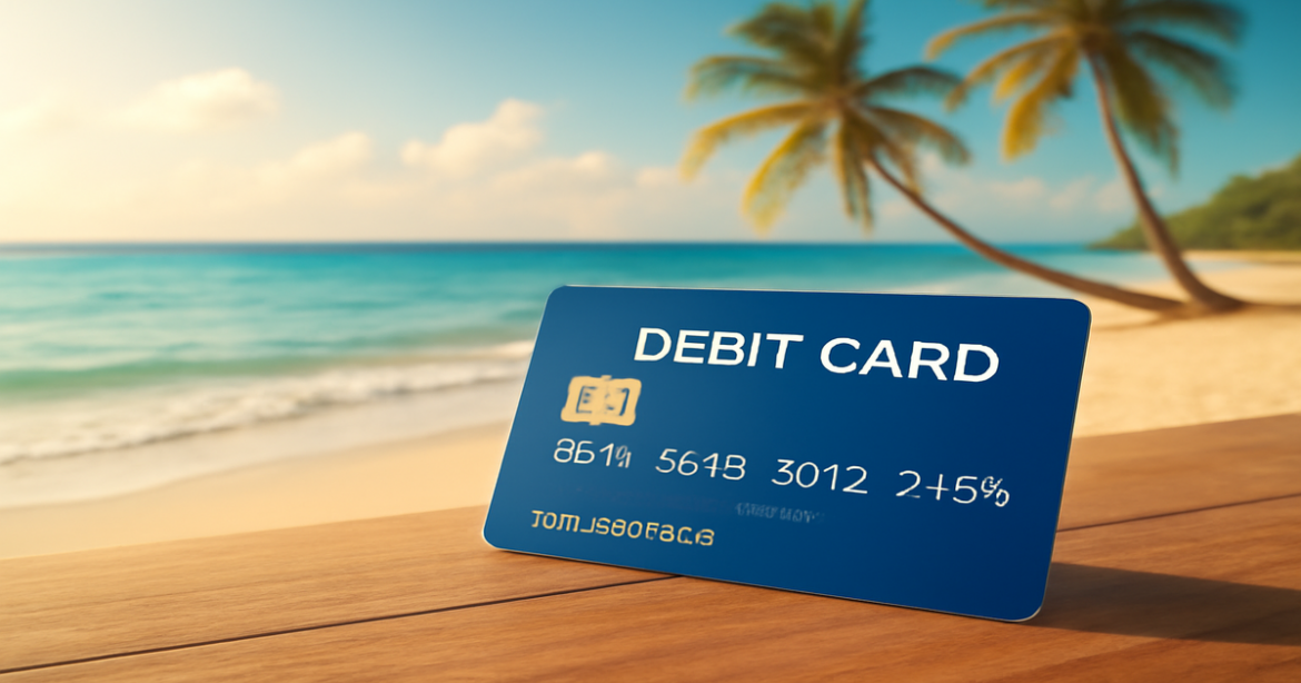 A debit card on a beachside table, representing financial convenience in a relaxing travel setting.