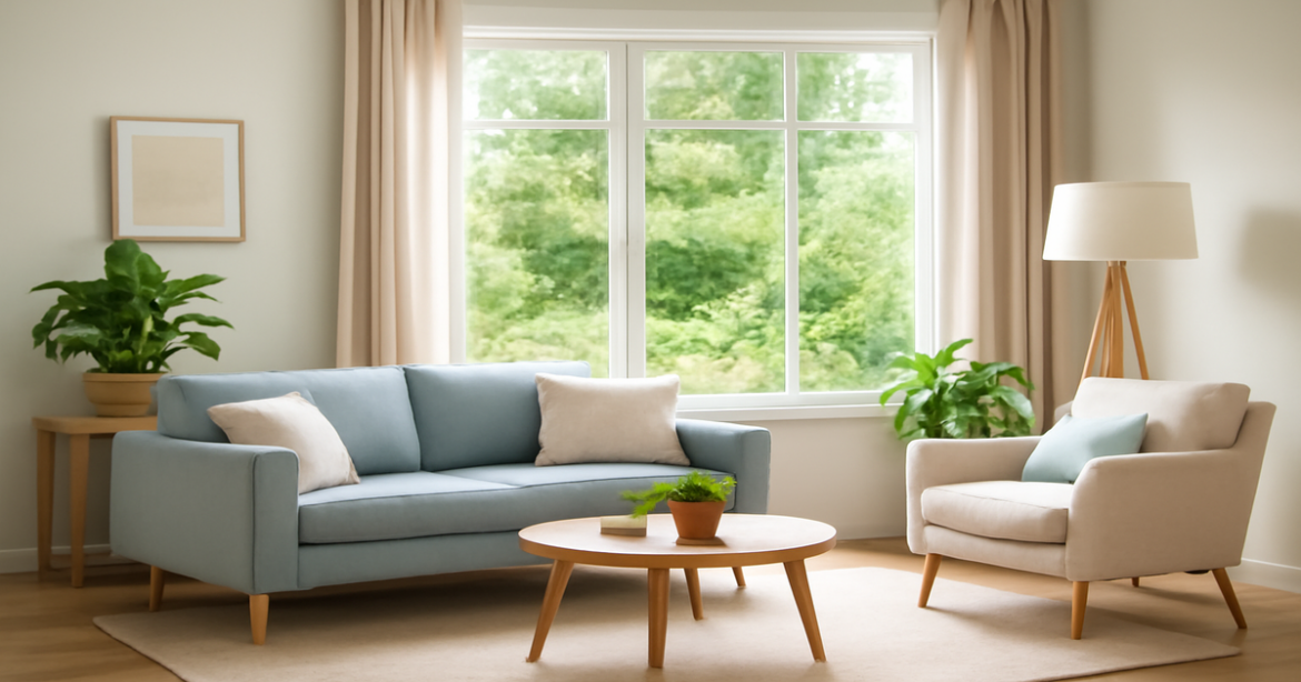 A cozy living room symbolizing the comfort of home ownership and ипотека.