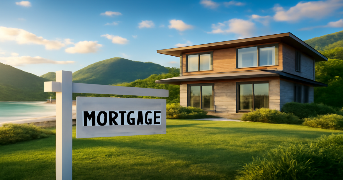 A beautiful home symbolizing ипотека in a serene landscape with mountains and beach.