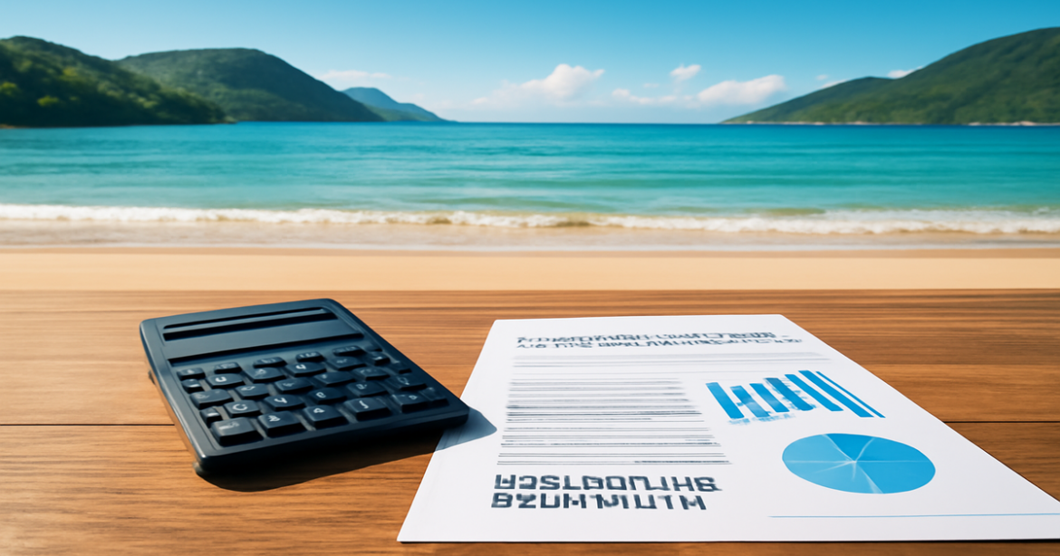 A professional image depicting кредитные рейтинги with a serene beach and mountains, symbolizing financial clarity.