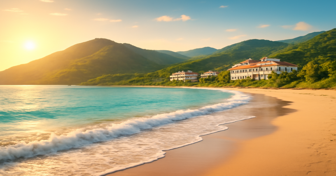 Explore personal loans with a serene beach and mountain travel destination image.