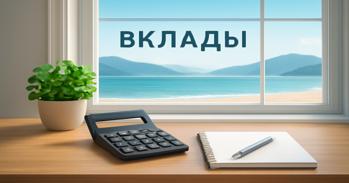 A tranquil workspace illustrating вклады and financial planning with mountains and beach views.