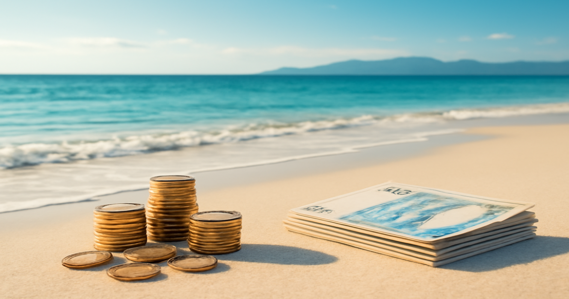 A peaceful beach scene with coins and banknotes, symbolizing депозитные счета for financial planning.