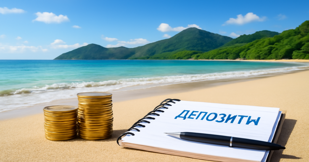 A relaxing beach scene with financial symbols, illustrating the choice between депозиты and savings accounts.