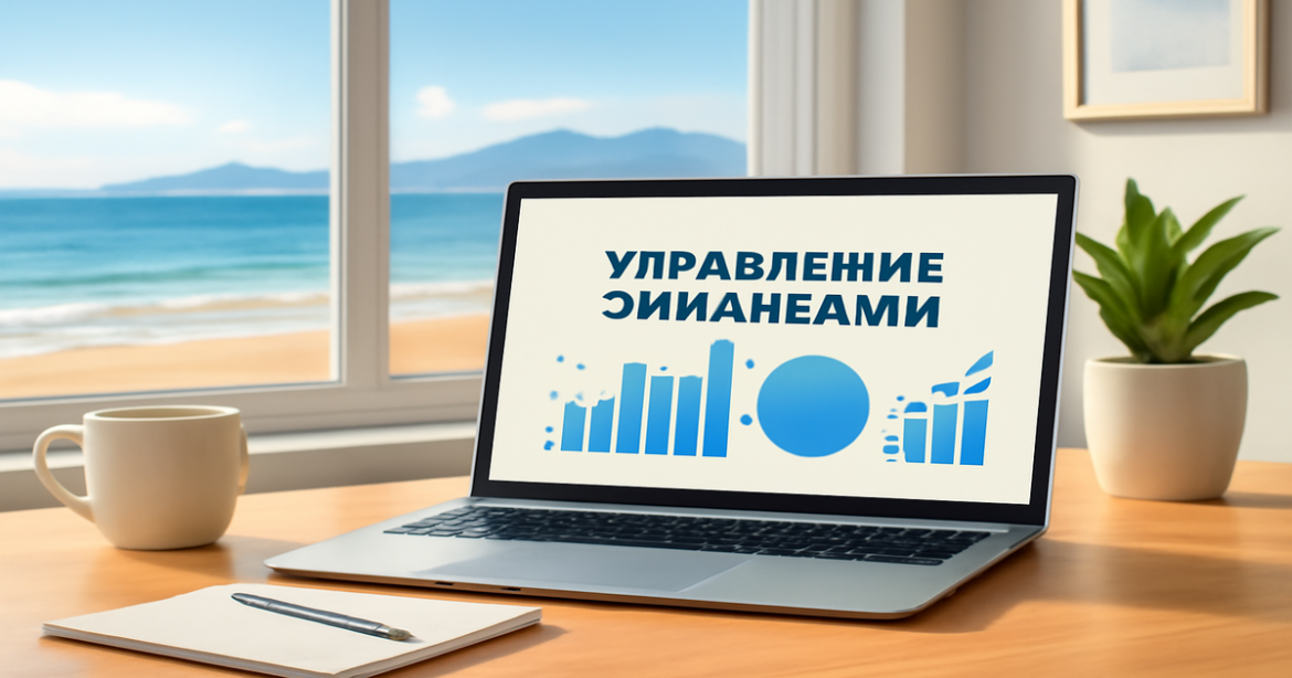 A professional workspace for управление финансами, featuring a laptop with financial graphs and a scenic view.