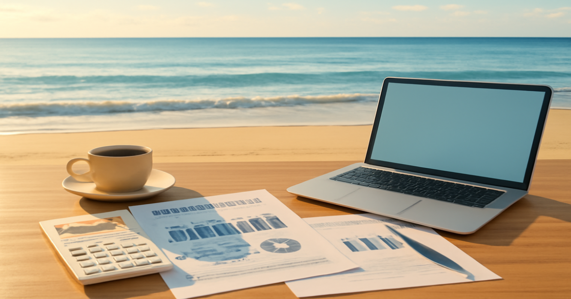 Explore financial literacy with a calming beach scene symbolizing financial stability.
