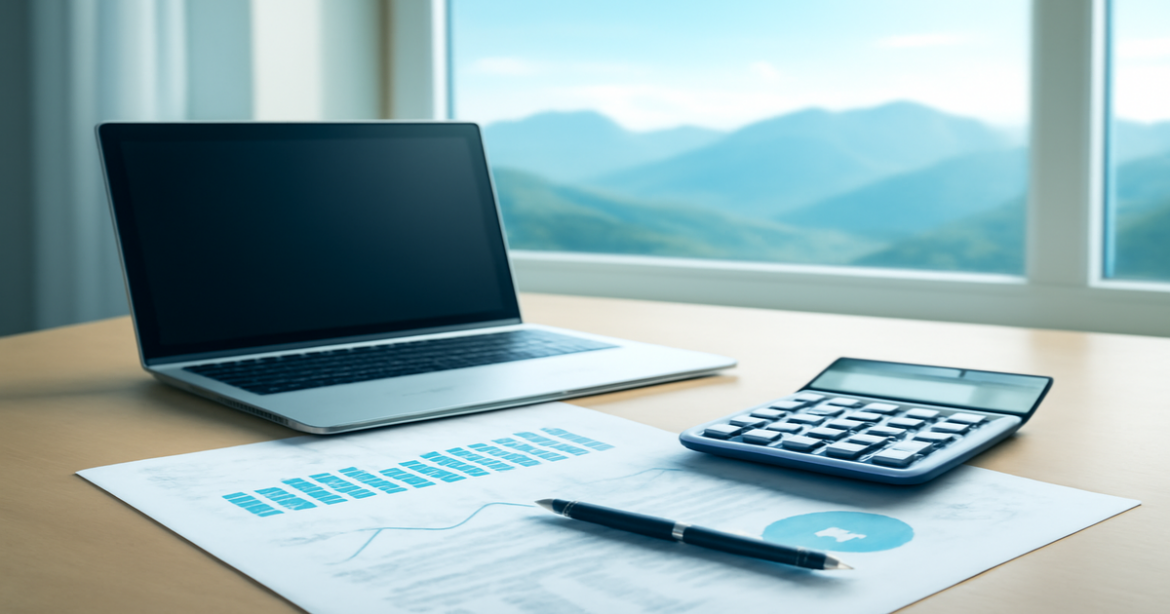 A professional workspace symbolizing финансовая грамотность, featuring financial tools and a serene mountain view.