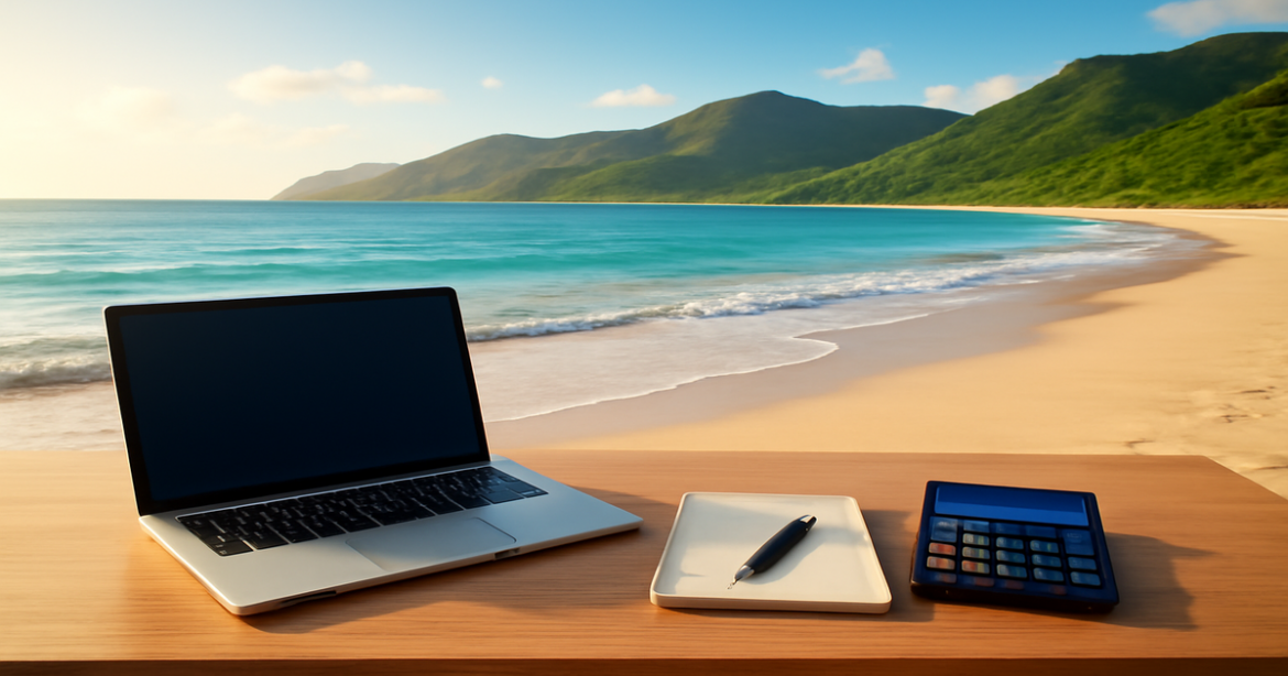 A calming beach scene with a financial planning desk, representing финансовая грамотность and financial management.