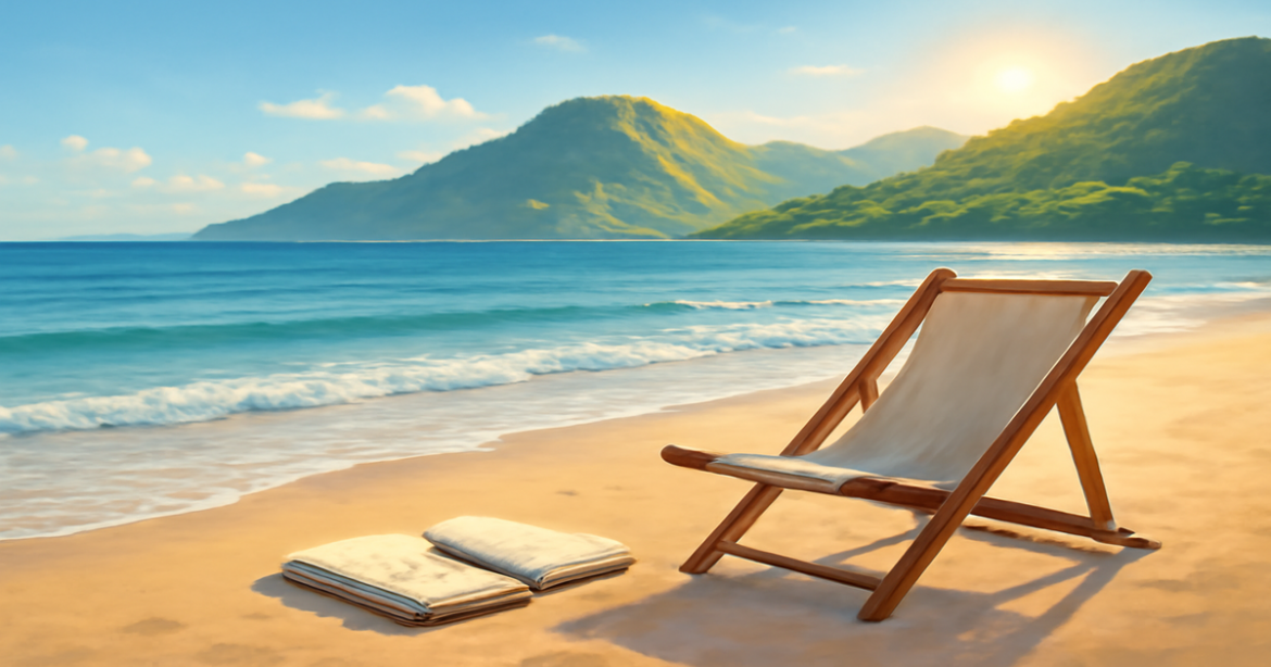 A tranquil beach scene representing финансовая грамотность and financial planning in a relaxing atmosphere.