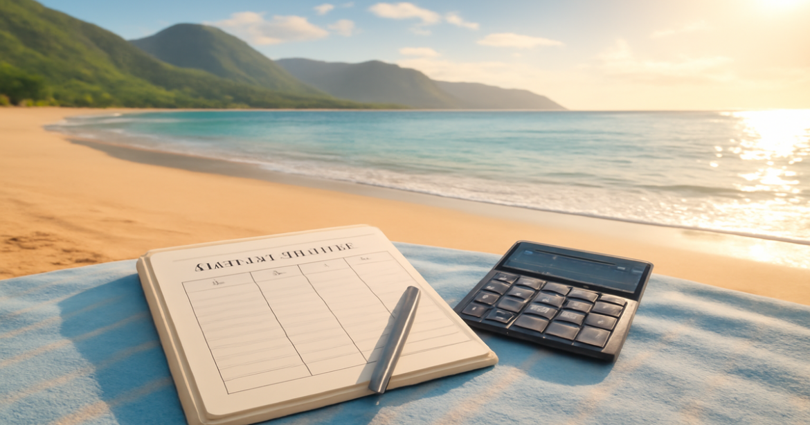 Explore financial planning strategies for 2024 in a serene beach landscape.