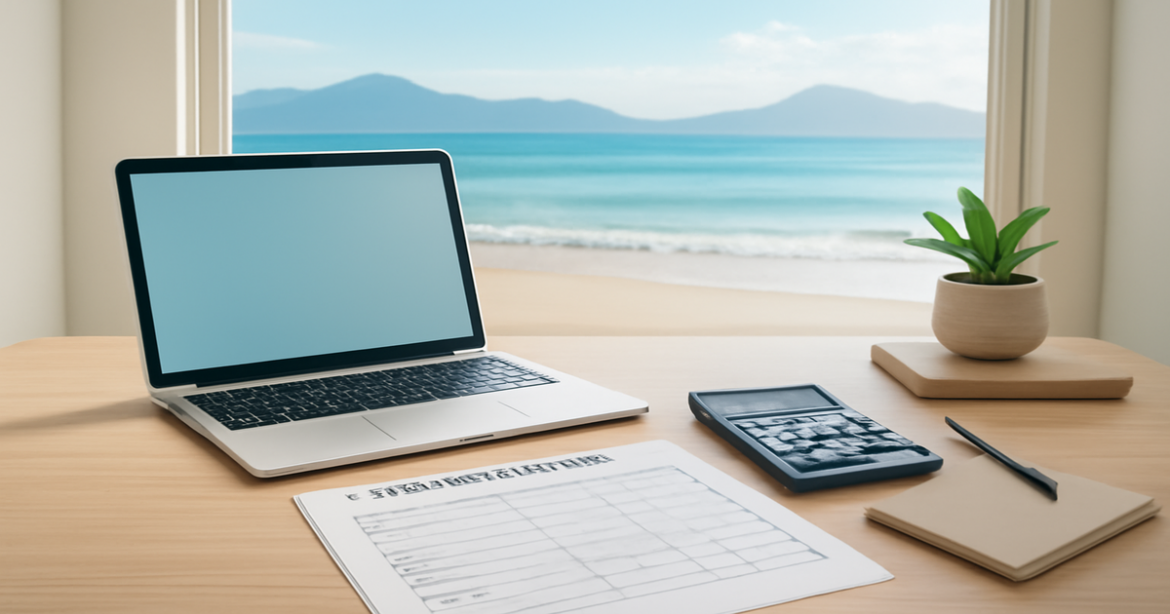 A professional image illustrating financial planning with a monthly budget in a relaxing setting.