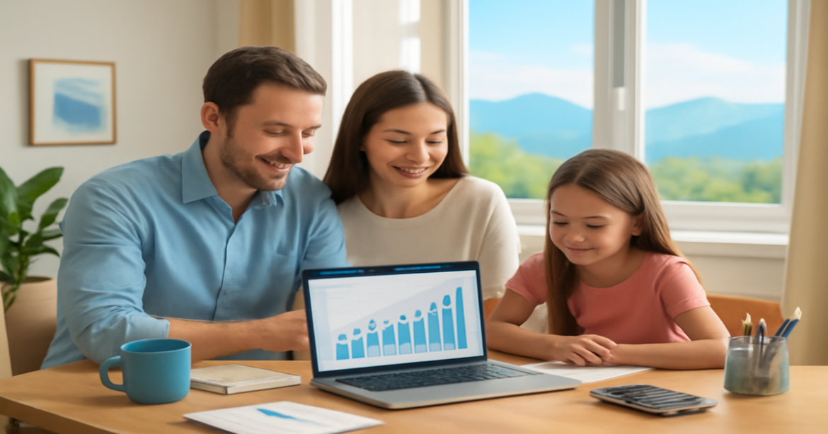 A bright home office scene illustrating финансовое планирование for families, featuring financial tools and a calming view.
