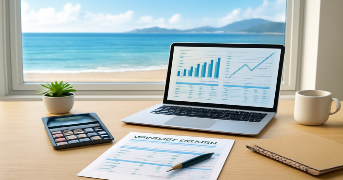 A professional workspace for effective финансовое планирование with serene beach and mountain views.