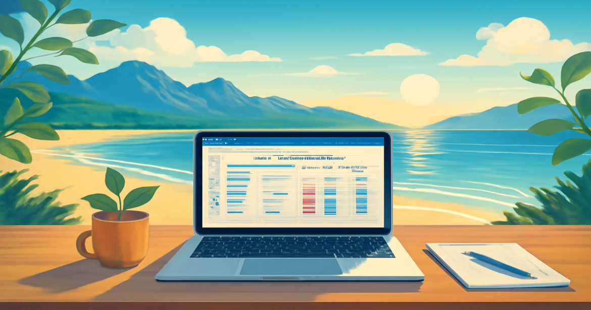A professional workspace scene for financial planning, featuring nature and a budgeting theme.