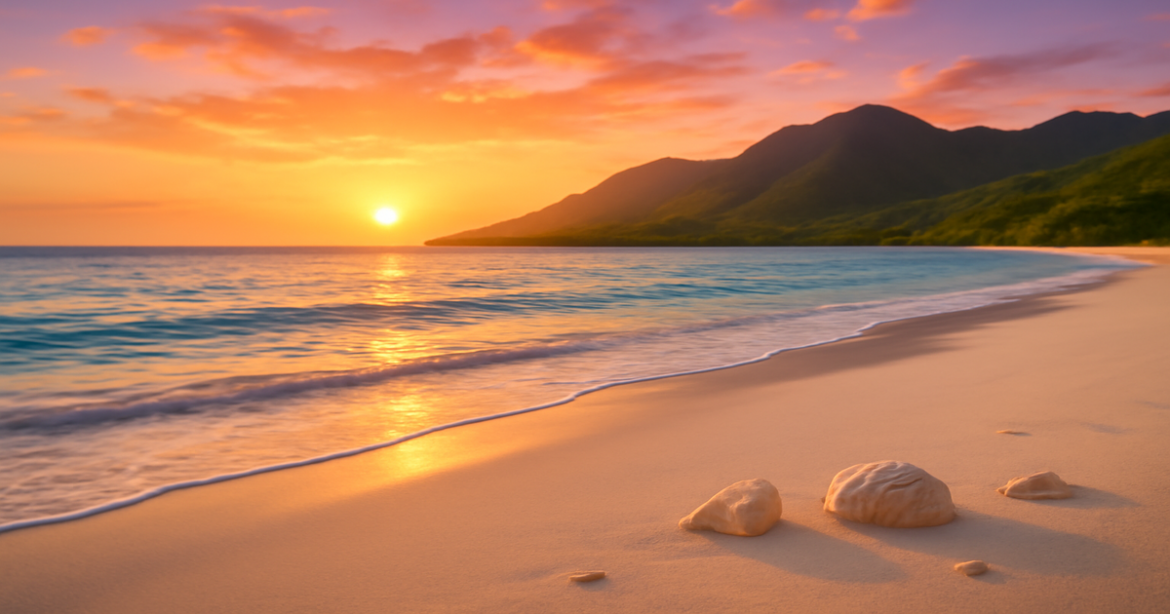A calming beach sunset scene representing financial планирование and independence.
