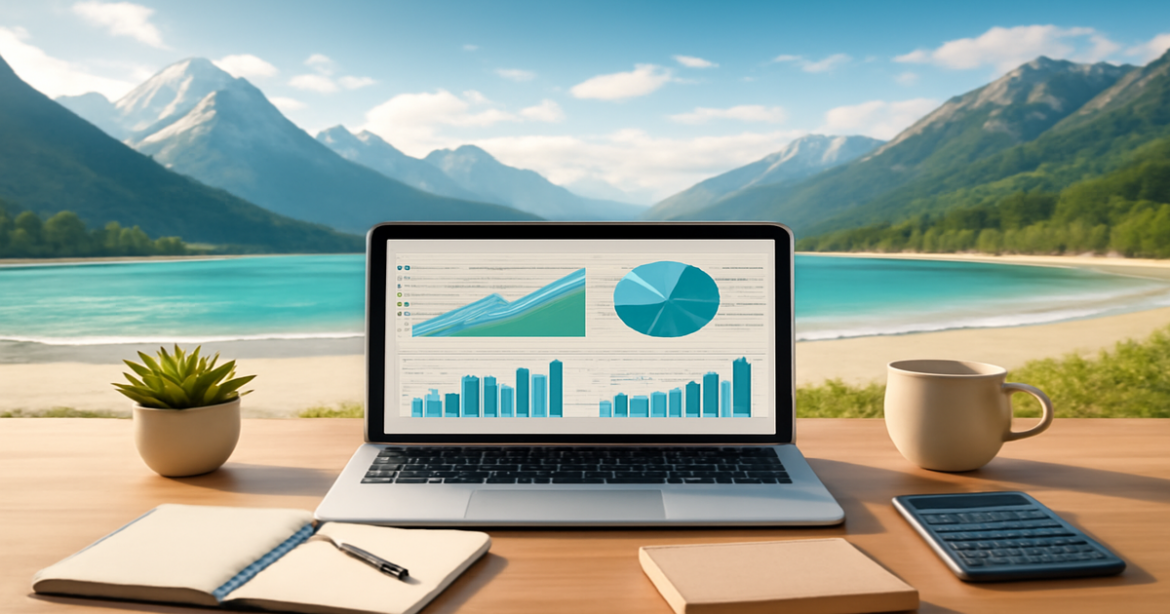 A tranquil scene illustrating financial planning for independence, featuring nature and workspace elements.