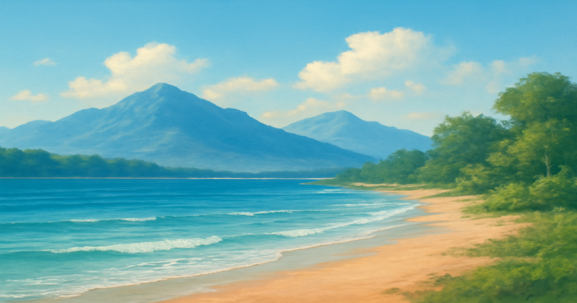 A tranquil landscape illustrating financial planning with mountains and beaches for relaxation and independence.