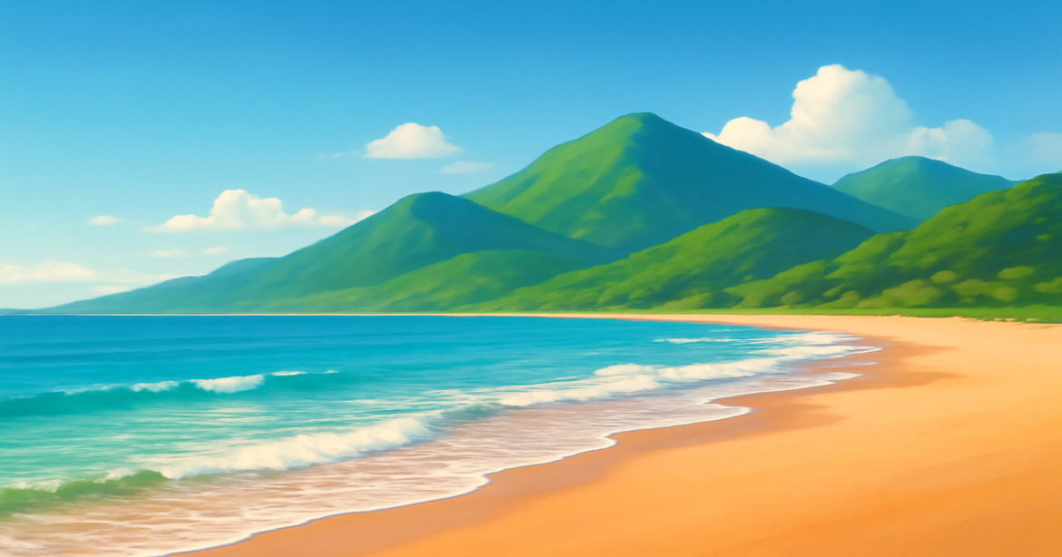 A tranquil beach and mountain scene representing financial planning and achieving financial goals.