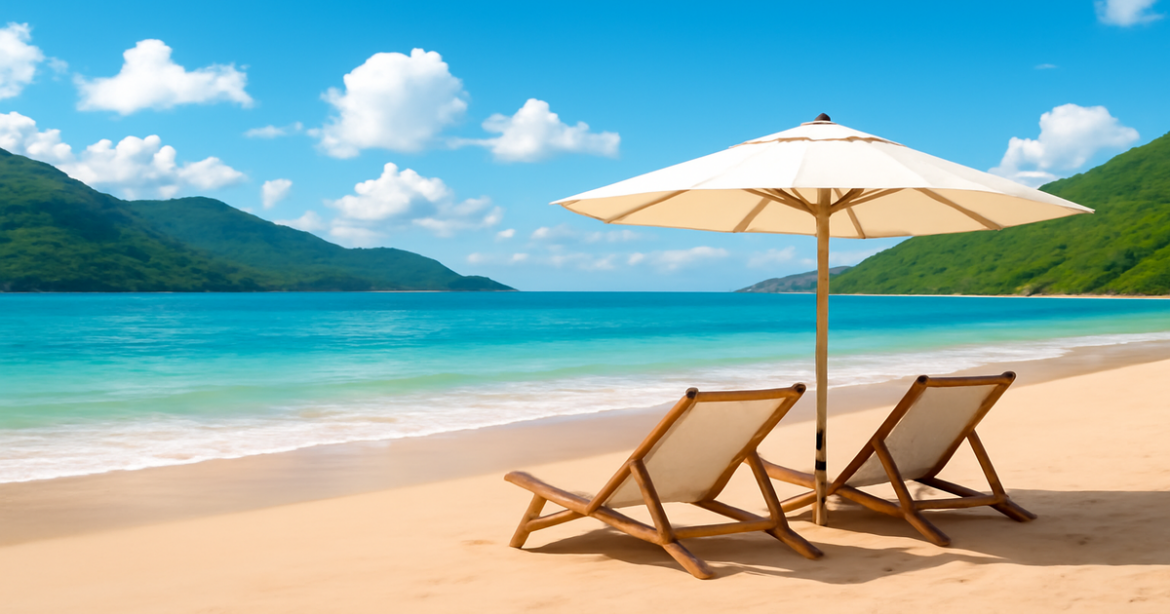 A serene beach landscape illustrating financial planning for travel, featuring mountains and a relaxing atmosphere.