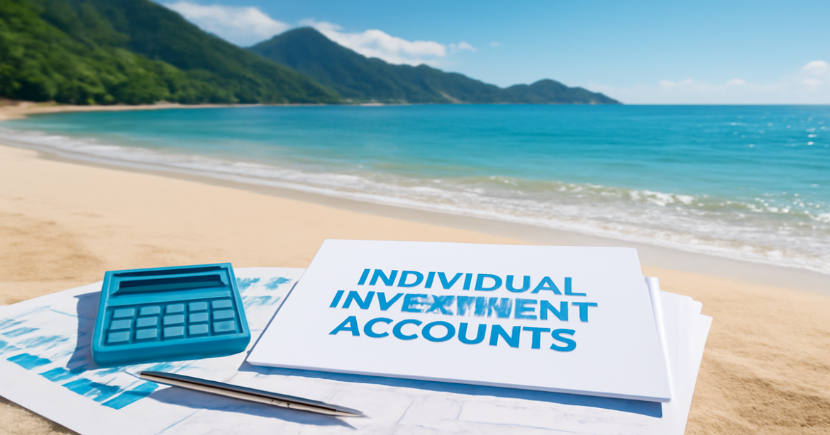 A relaxing beach scene with investment documents, highlighting индивидуальные инвестиционные счета benefits.