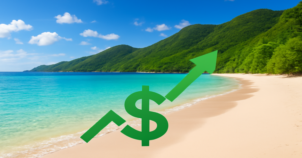 A relaxing beach scene symbolizing investments, with mountains and clear waters.